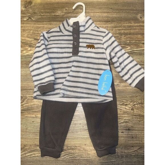 Bon Bebe Boys 2 Pc Shirt Pants Outfit Size 12m. Gray Fleece. NWT. 5 - Picture 1 of 6